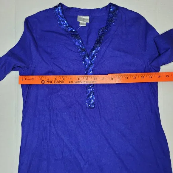 Jaclyn Smith Top Linen Blend Womens Tunic Blue Small 3/4 Sleeve Sequin Resort - Picture 5 of 12
